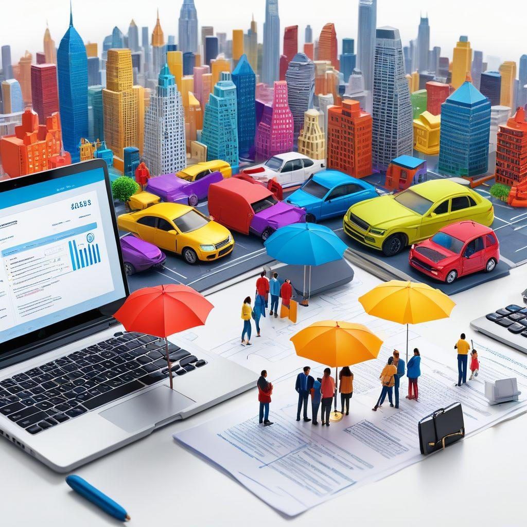 A diverse group of people using various tools and resources related to insurance, such as laptops with policy documents, calculators, and insurance pamphlets. Show a background of a cityscape symbolizing different life stages and decisions related to insurance. Vibrant colors to represent the journey, and highlight symbols of protection like umbrellas or shields. super-realistic. bright colors. white background.