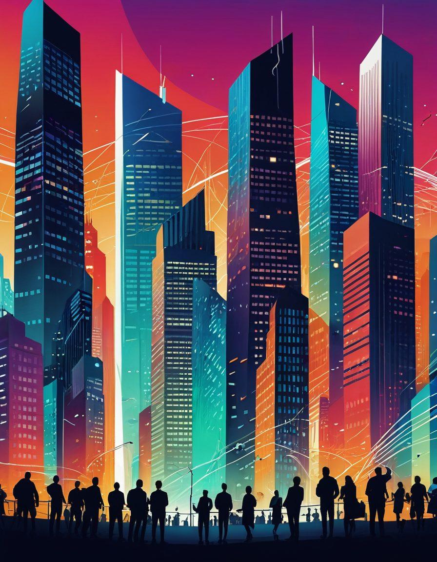 A dynamic illustration showcasing an abstract cityscape intertwined with visual elements representing risk management, such as shields and graphs, along with diverse people discussing insurance claims, symbolizing collaboration and protection. The scene should convey a sense of mastery and expertise in the insurance world. Use vibrant colors and a modern style. super-realistic. vibrant colors.