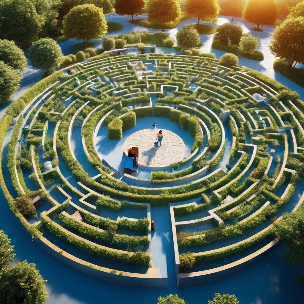 An intricate maze symbolizing the insurance market, with various paths representing different coverage options and risk management strategies. Include icons of houses, cars, and health symbols along the pathways, suggesting choices. The maze should be surrounded by a clear sky and vibrant sun, conveying clarity and guidance. A silhouette of a person navigating the maze, looking thoughtful. 3D. vibrant colors.